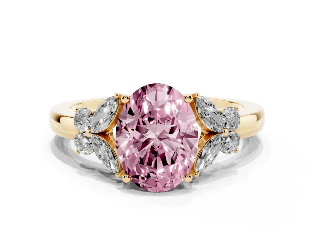 Fancy Pink Oval Cut Cut Solitaire Floral Diamond Ring with Four-Prong Setting Yellow gold