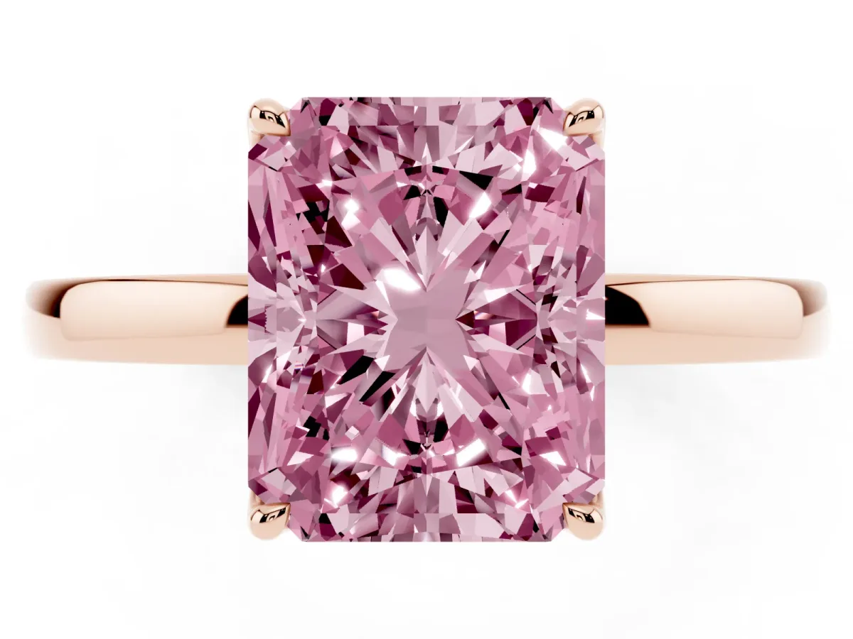 Fancy Pink Radiant Cut Diamond Solitaire Ring with Thin Band and Prong Setting Rose gold