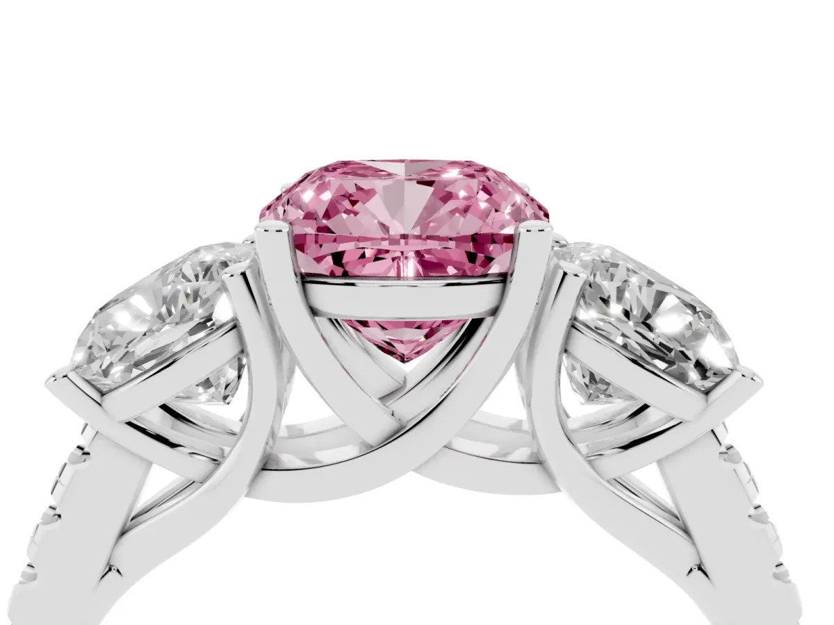 Fancy Pink Three-Stone Cushion Cut Diamond Ring with Round Pavé Band and Prong Setting Silver