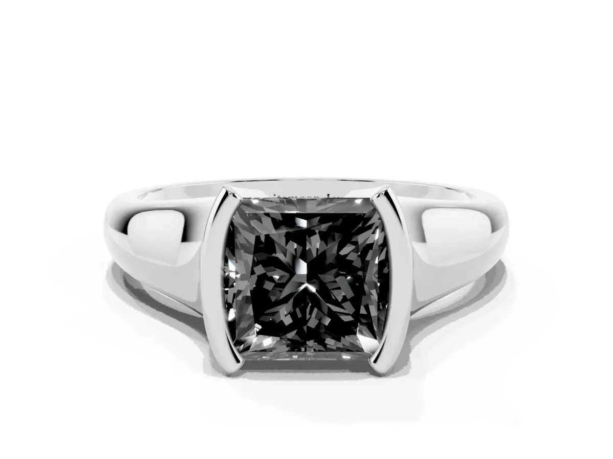 Fancy Black Princess Cut Solitaire Tension Set Diamond Ring with Split Shank Band Silver