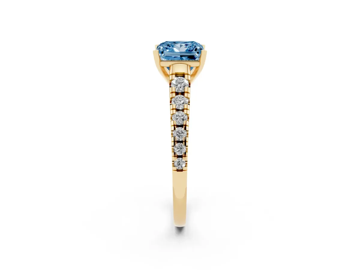 Fancy Blue Princess Cut Diamond Cathedral Solitaire Ring with Round Pavé Band Yellow gold