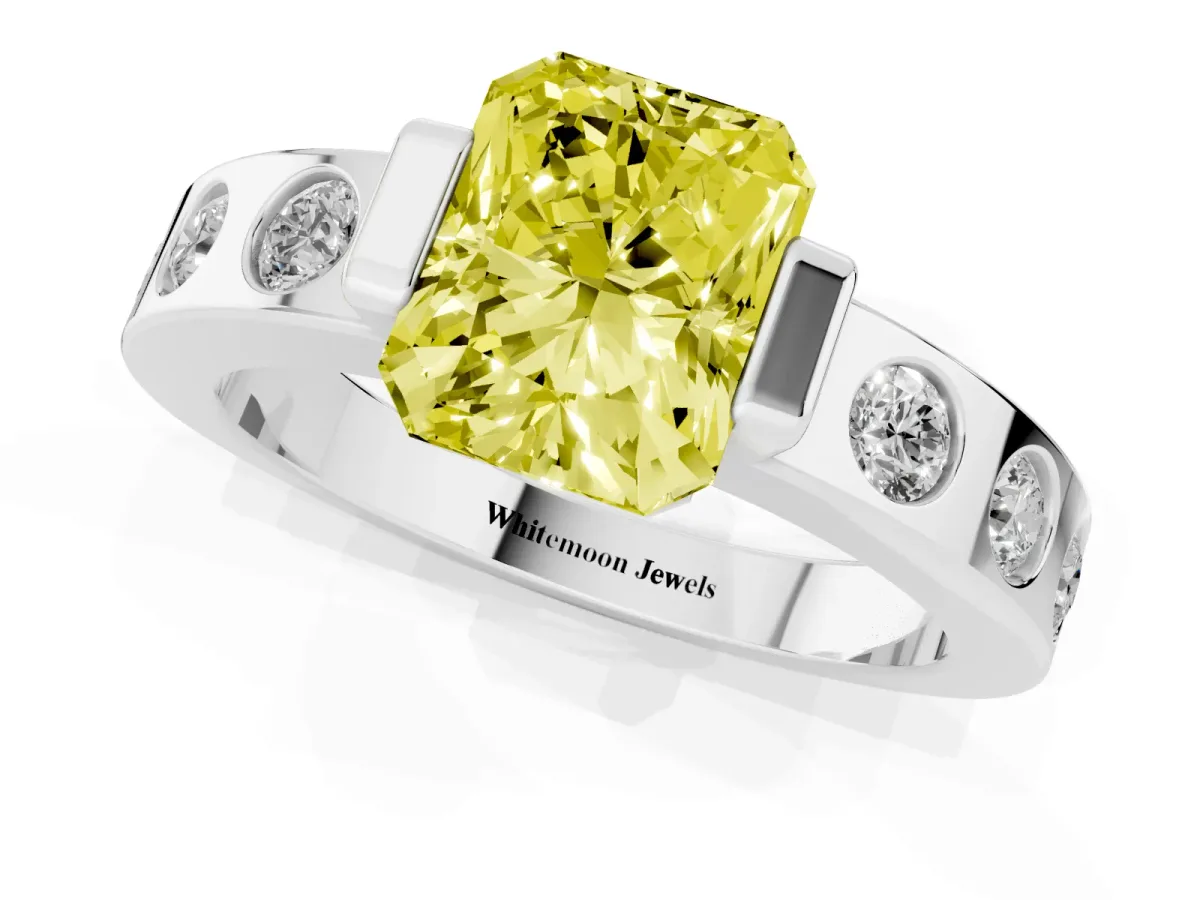 Fancy Yellow Radiant Cut Brilliant Channel-Set Diamond Ring with Bezel Prong Setting Silver