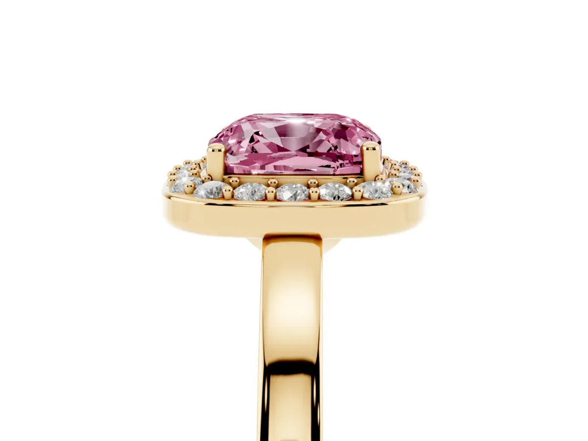 Fancy Pink Cushion Cut Halo Diamond Ring with Solitaire Band and Prong Setting Yellow gold