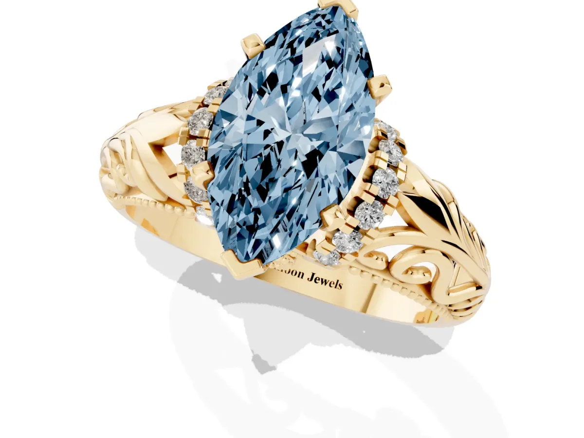 Fancy Blue Marquise Cut Solitaire Filigree Engagement Ring with Halo and Prong Setting Yellow gold