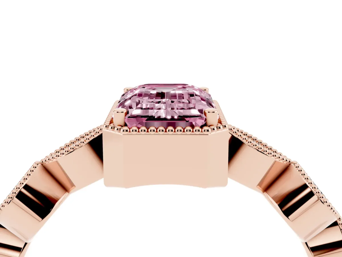 Fancy Pink Emerald Cut Diamond Vintage Milgrain Ring with Round Stations Rose gold