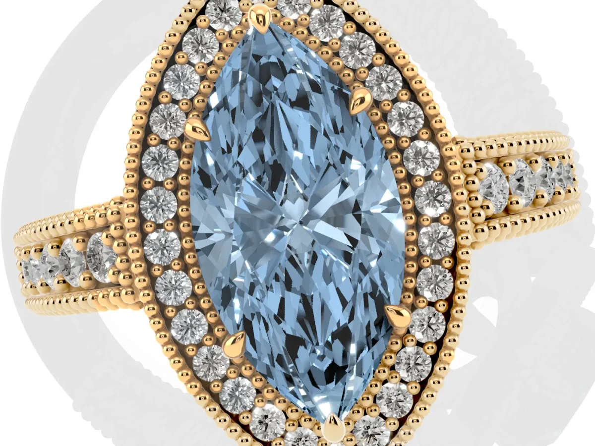 Fancy Blue Marquise Cut Cut Halo Diamond Ring with Pavé Band and Four-Prong Setting Yellow gold