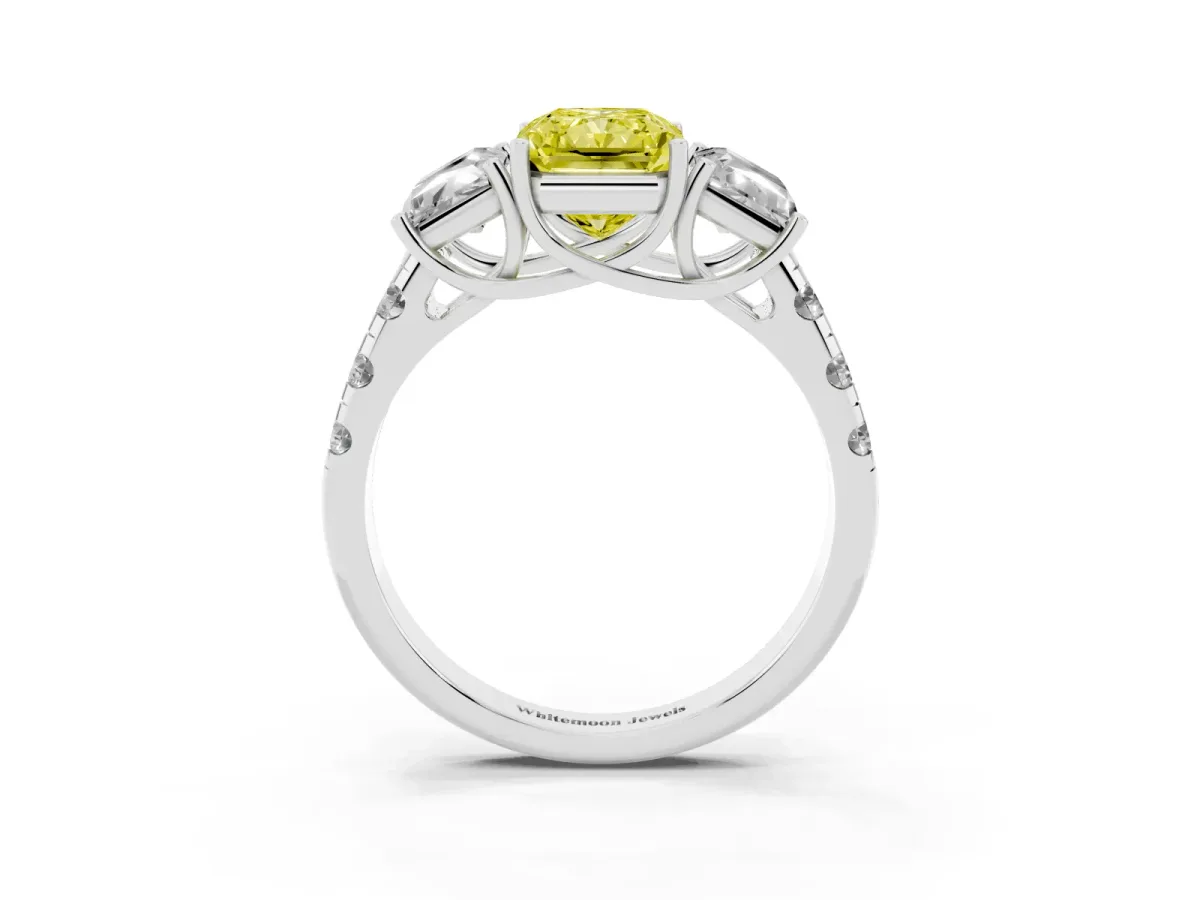 Fancy Yellow Three-Stone Radiant Cut Diamond Pavé Band with Prong Setting Silver