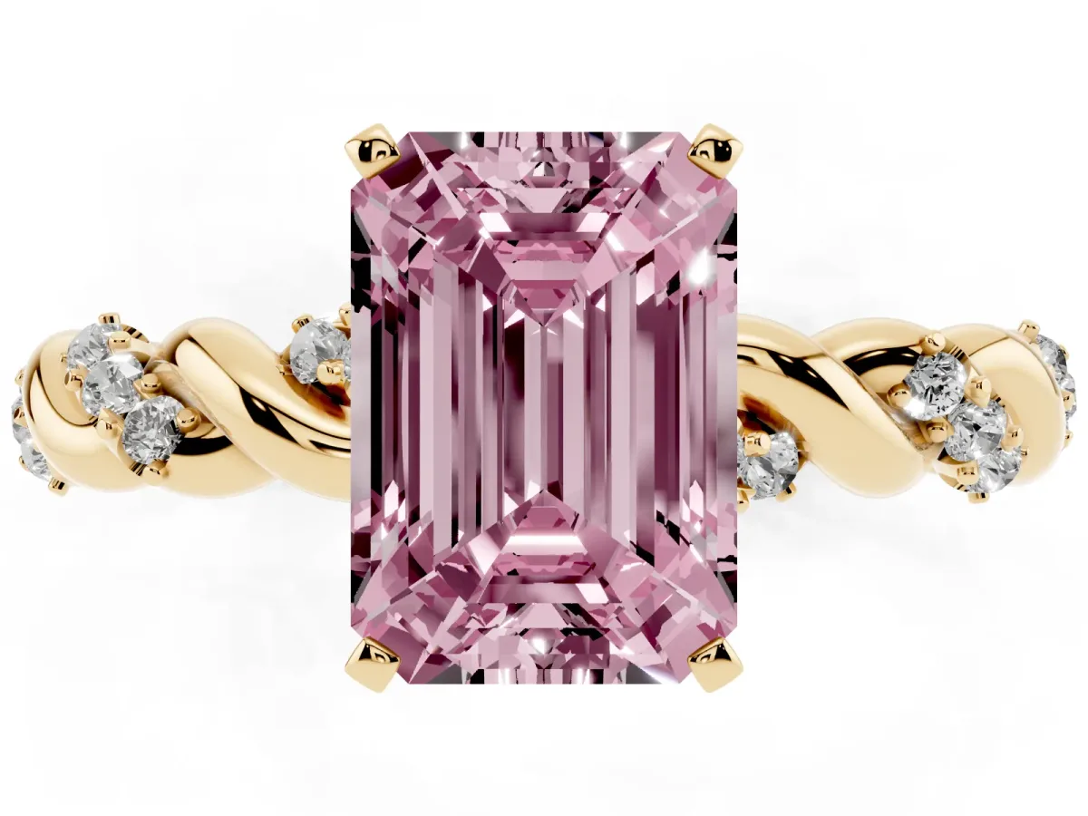 Fancy Pink Emerald Cut Diamond Solitaire Ring with Twisted Band and Pavé Accents Yellow gold