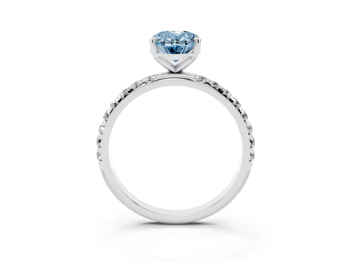 Fancy Blue Oval Cut Cut Diamond Solitaire Ring with Micro Pave Band and Four Prong Setting Silver