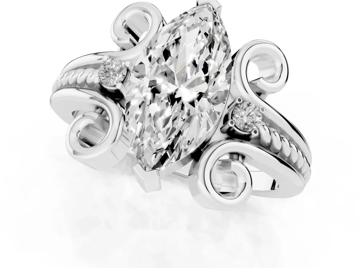 Marquise Cut Solitaire Twisted Band Scroll Prong Ring White gold