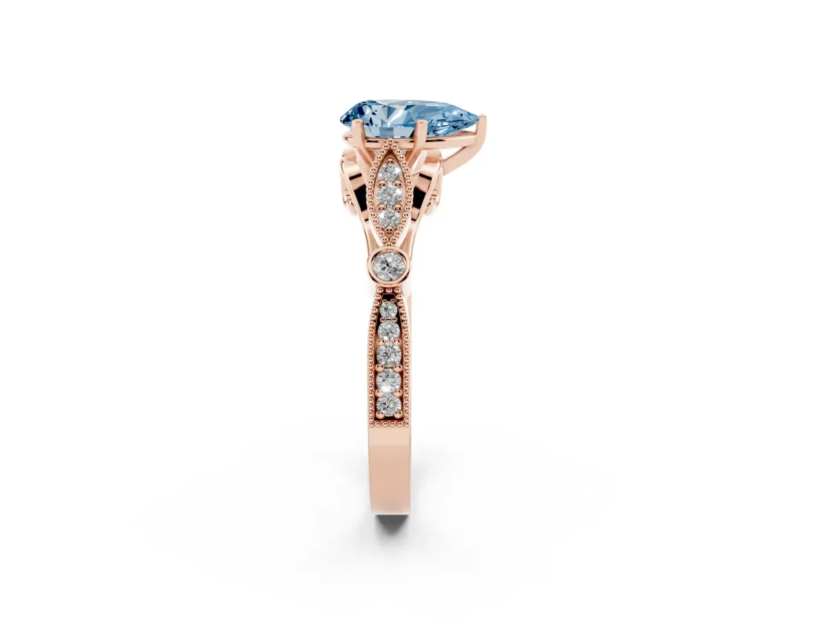 Fancy Blue Pear Cut Cut Diamond with Milgrain Marquise and Bezel Accents on a Solitaire Band with Prong Setting Rose gold