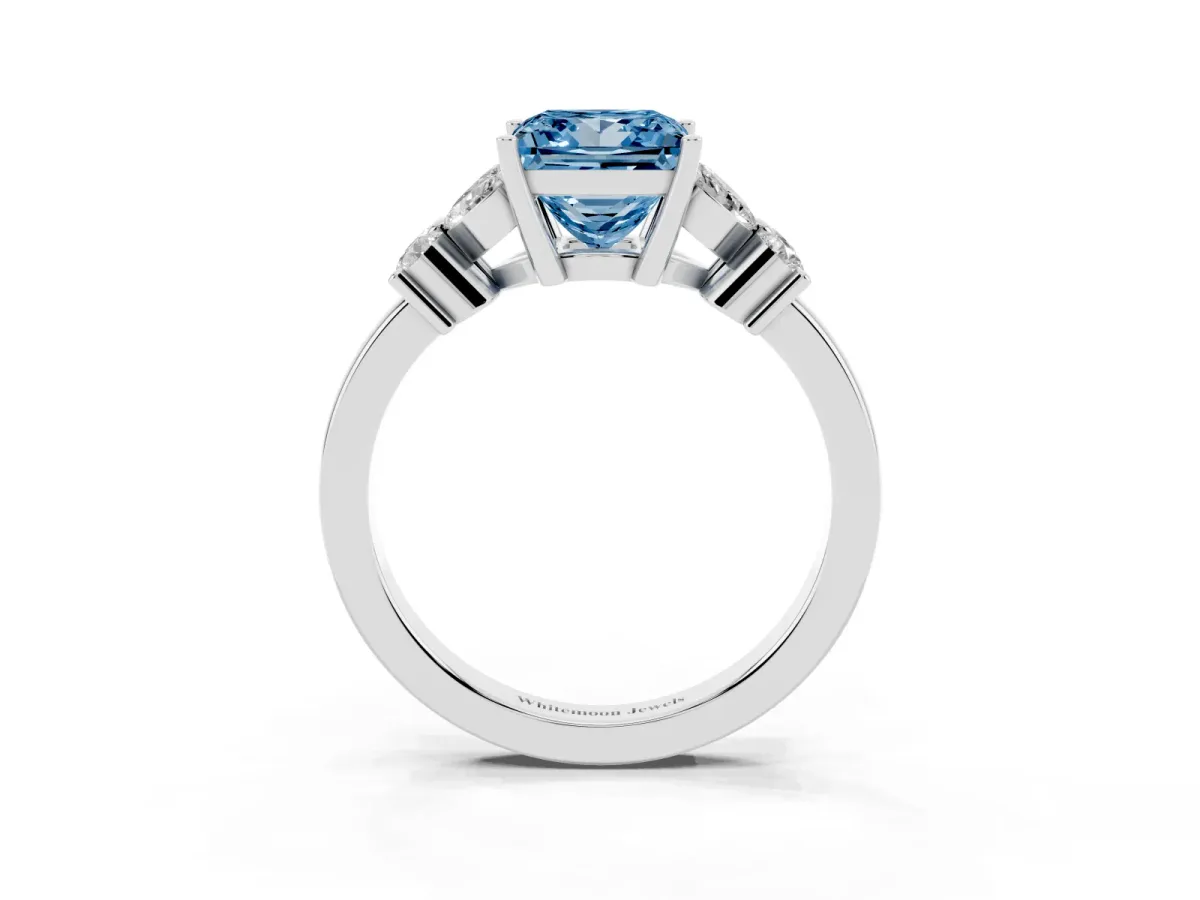 Fancy Blue Princess Cut Diamond Floral Cluster Ring with Solitaire Band and Prong Setting White gold