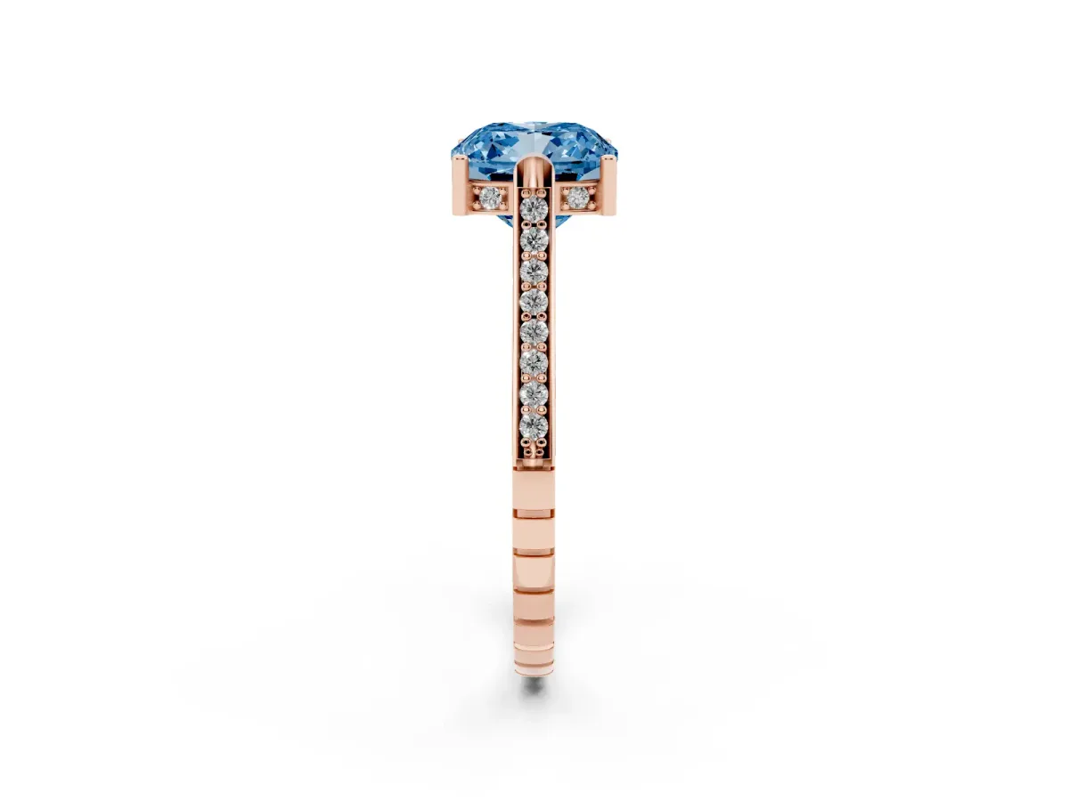 Fancy Blue Cushion Cut Solitaire Diamond Ring with Channel Set Band and Bezel Prong Setting Rose gold