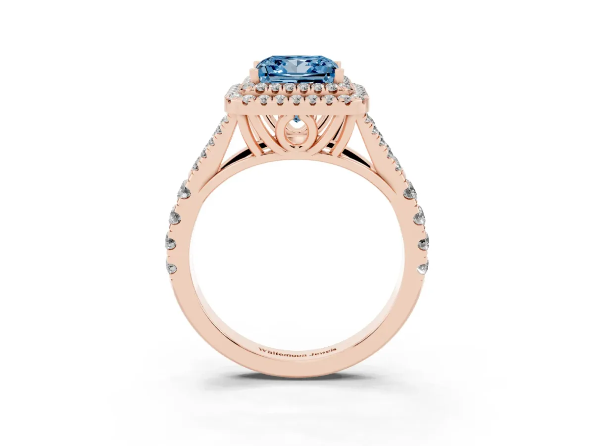 Fancy Blue Double Halo Princess Cut Diamond Split Shank Engagement Ring with Four-Prong Setting Rose gold