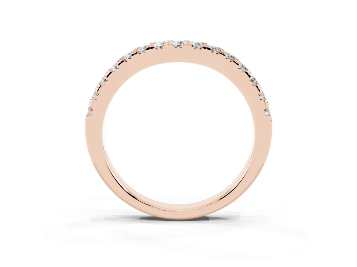 Round Diamond Curved Pavé Wedding Band with Shared Prong Setting Rose gold
