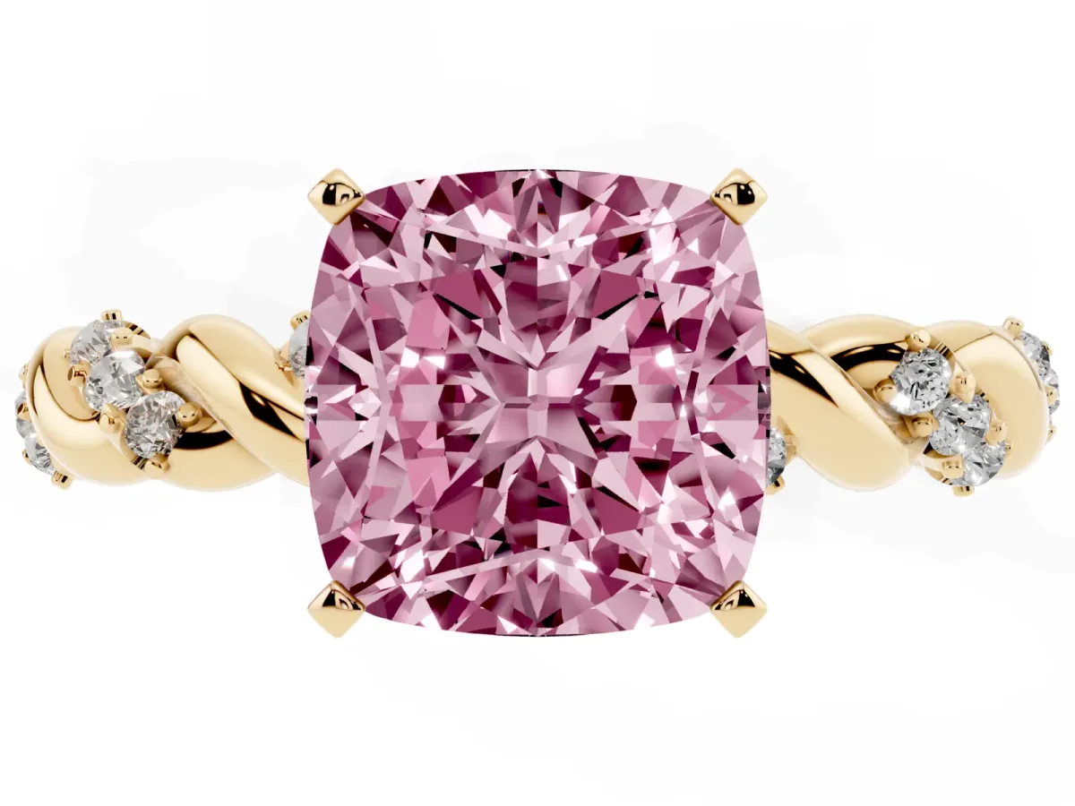 Fancy Pink Cushion Cut Diamond Solitaire Ring with Twisted Band and Pavé Accents Yellow gold