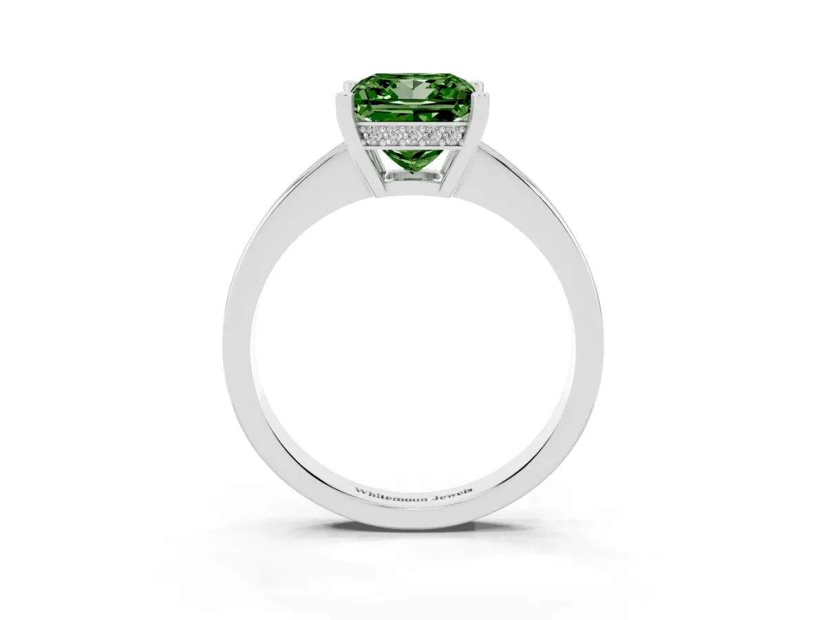 Fancy Green Princess Cut Solitaire Pavé Band Prong Setting Ring Silver