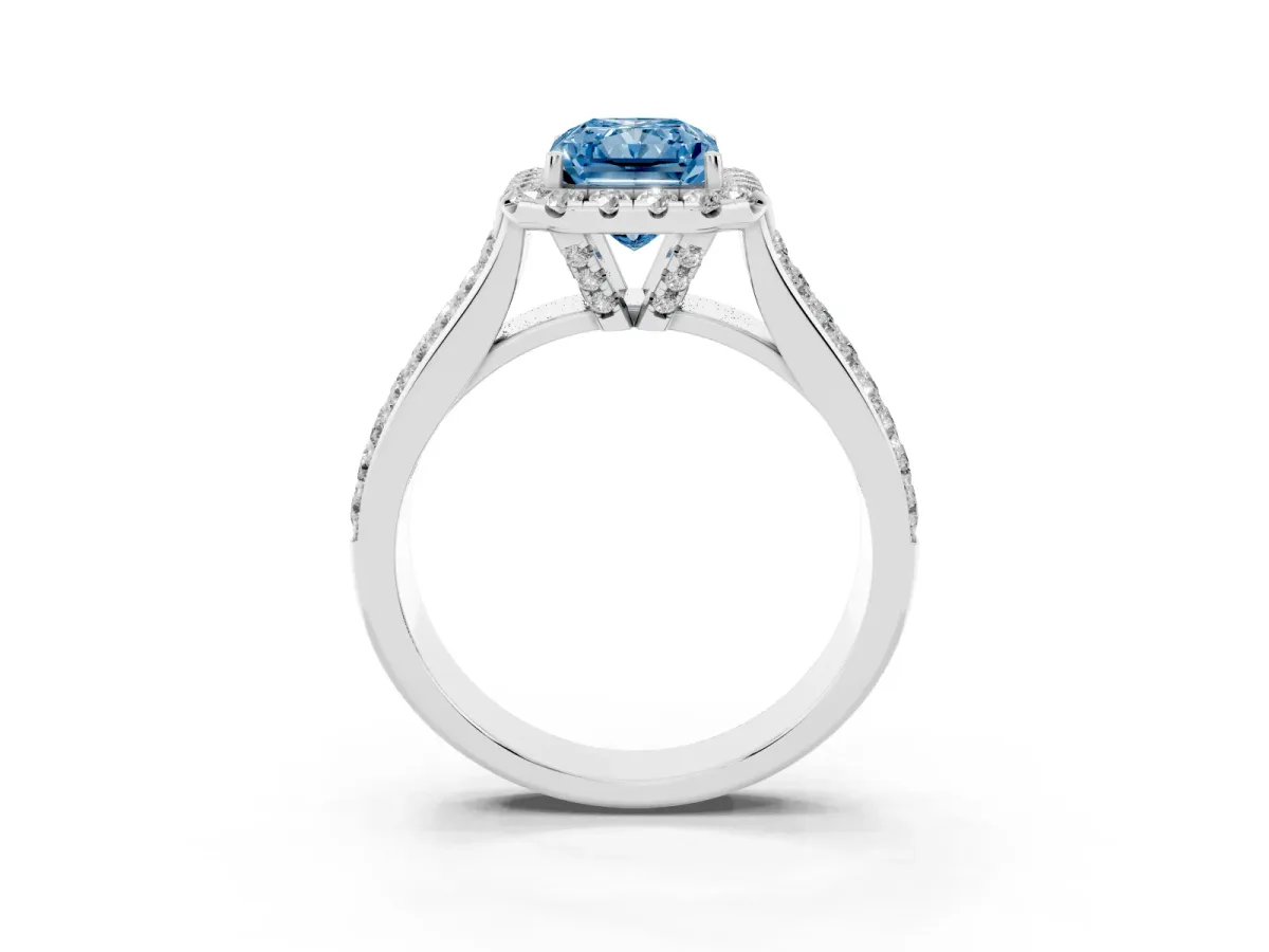 Fancy Blue Radiant Cut Halo Round Diamond Pave Band with Prong Setting Silver
