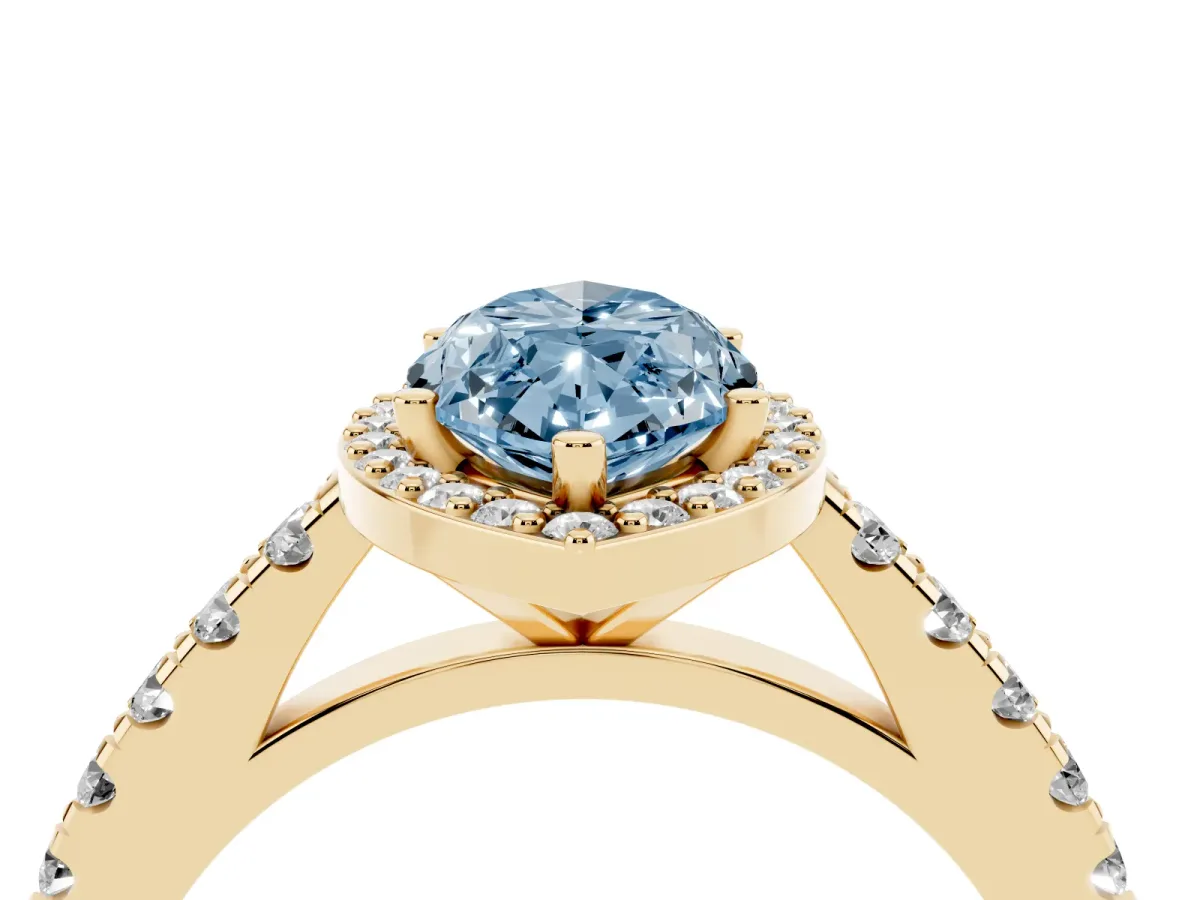 Fancy Blue Marquise Cut Cut Halo Diamond Engagement Ring with Pave Band and Four-Prong Setting Yellow gold