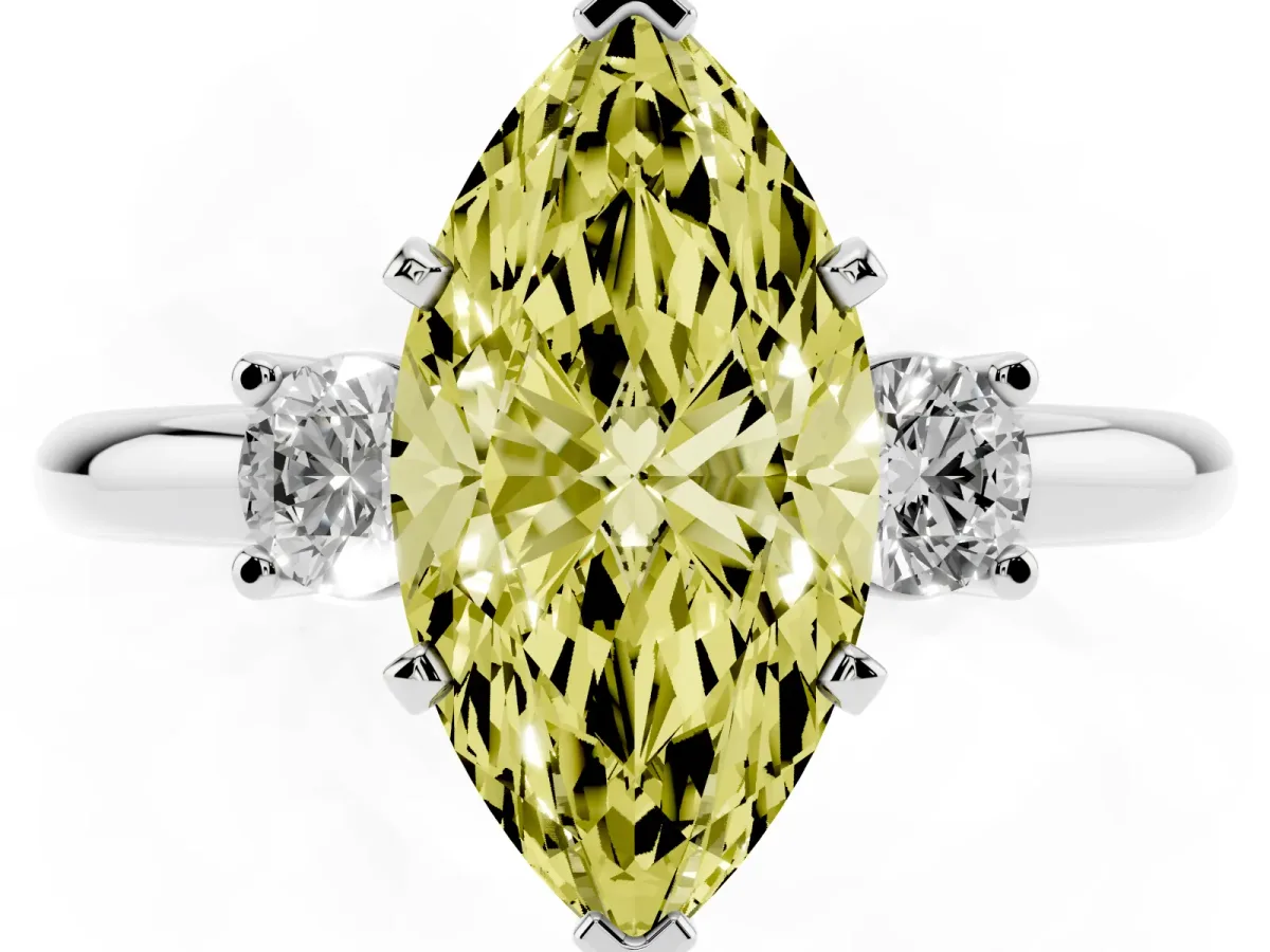 Fancy Yellow Three-Stone Marquise Cut Cut Diamond Solitaire with Prong Setting and Classic Band Silver