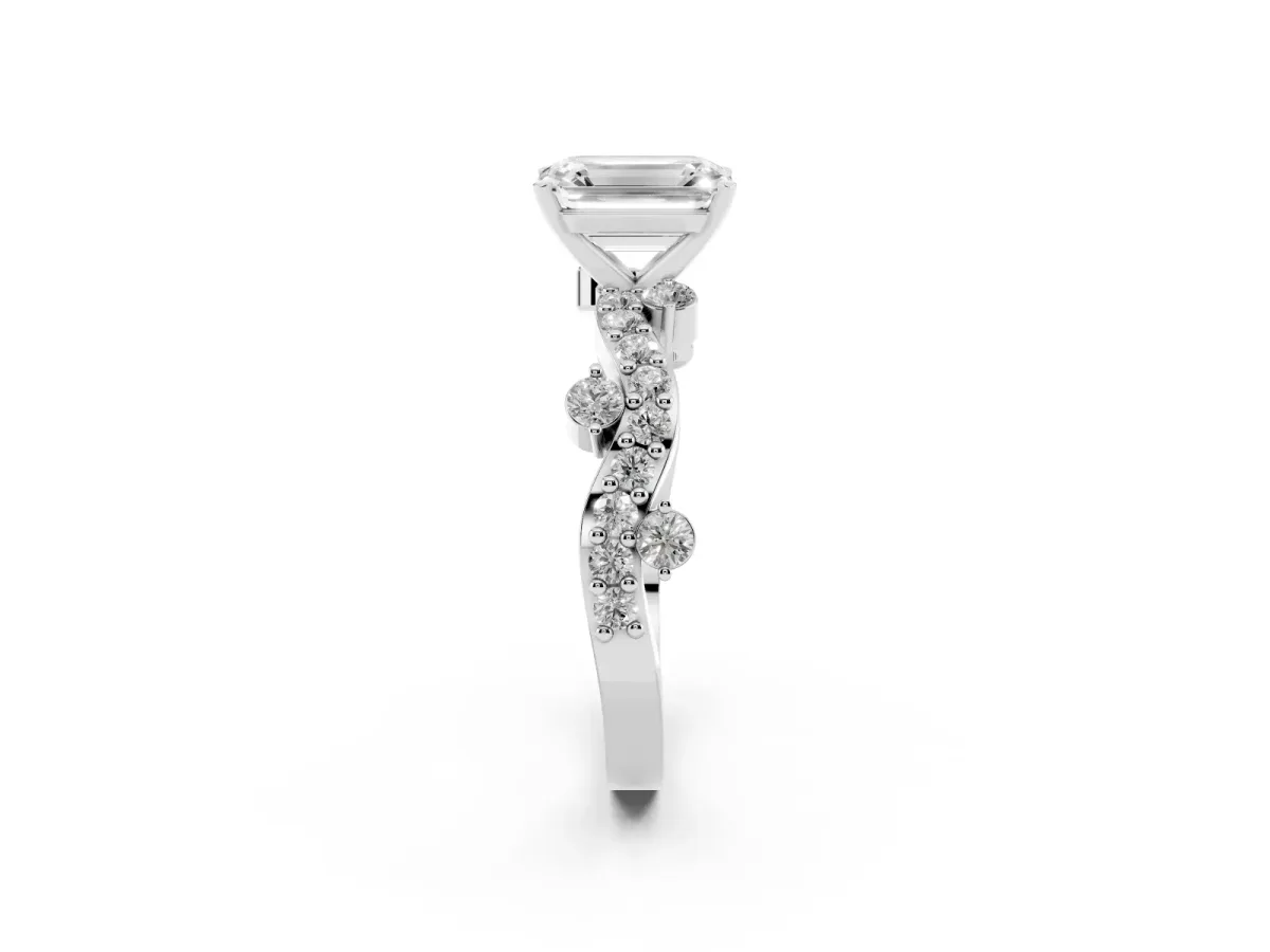 Emerald Cut Cut Solitaire Diamond Twisted Band with Pave Setting White gold