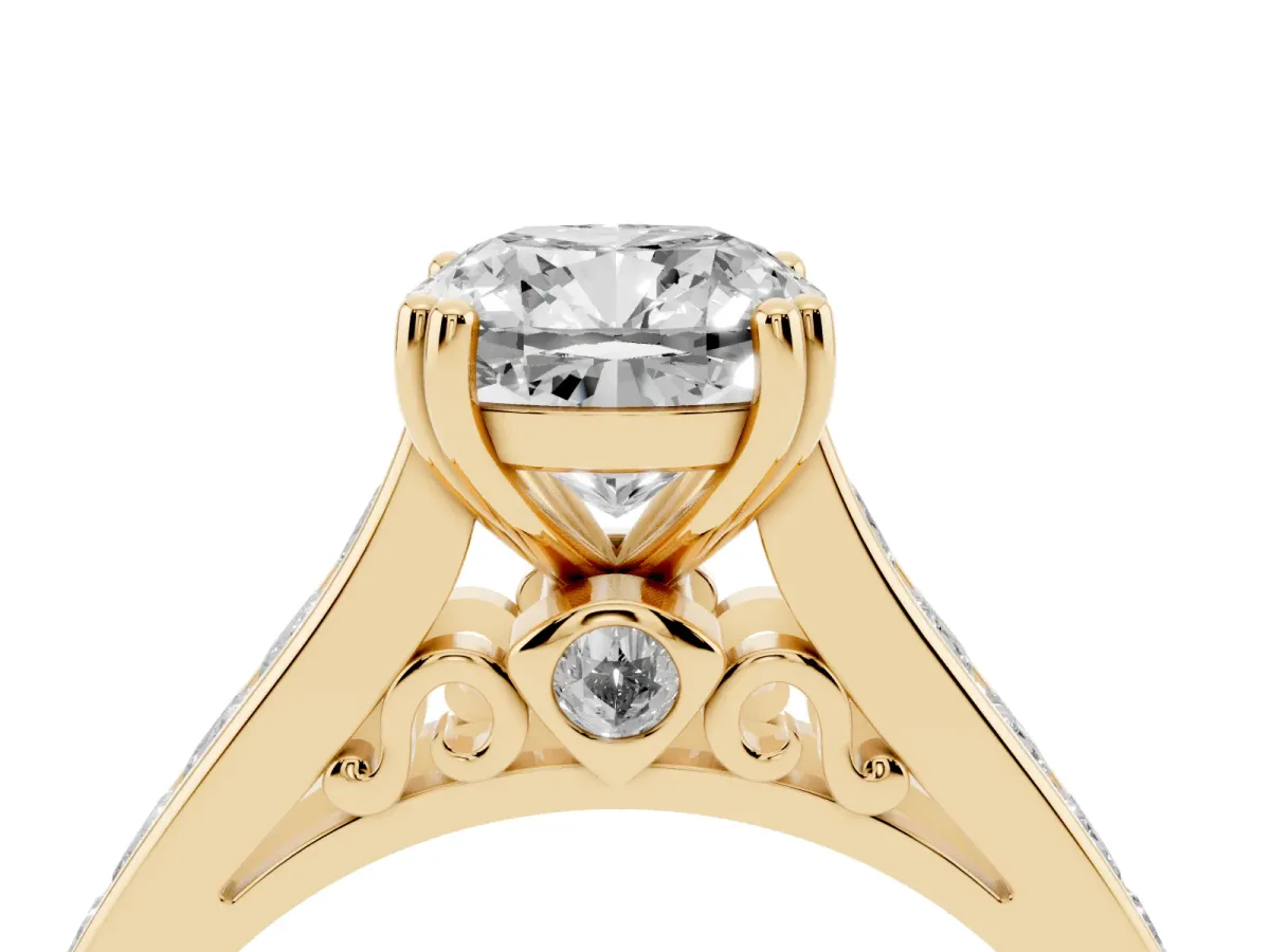 Cushion Cut Cut Channel Set Solitaire Engagement Ring with Prong Setting Yellow gold
