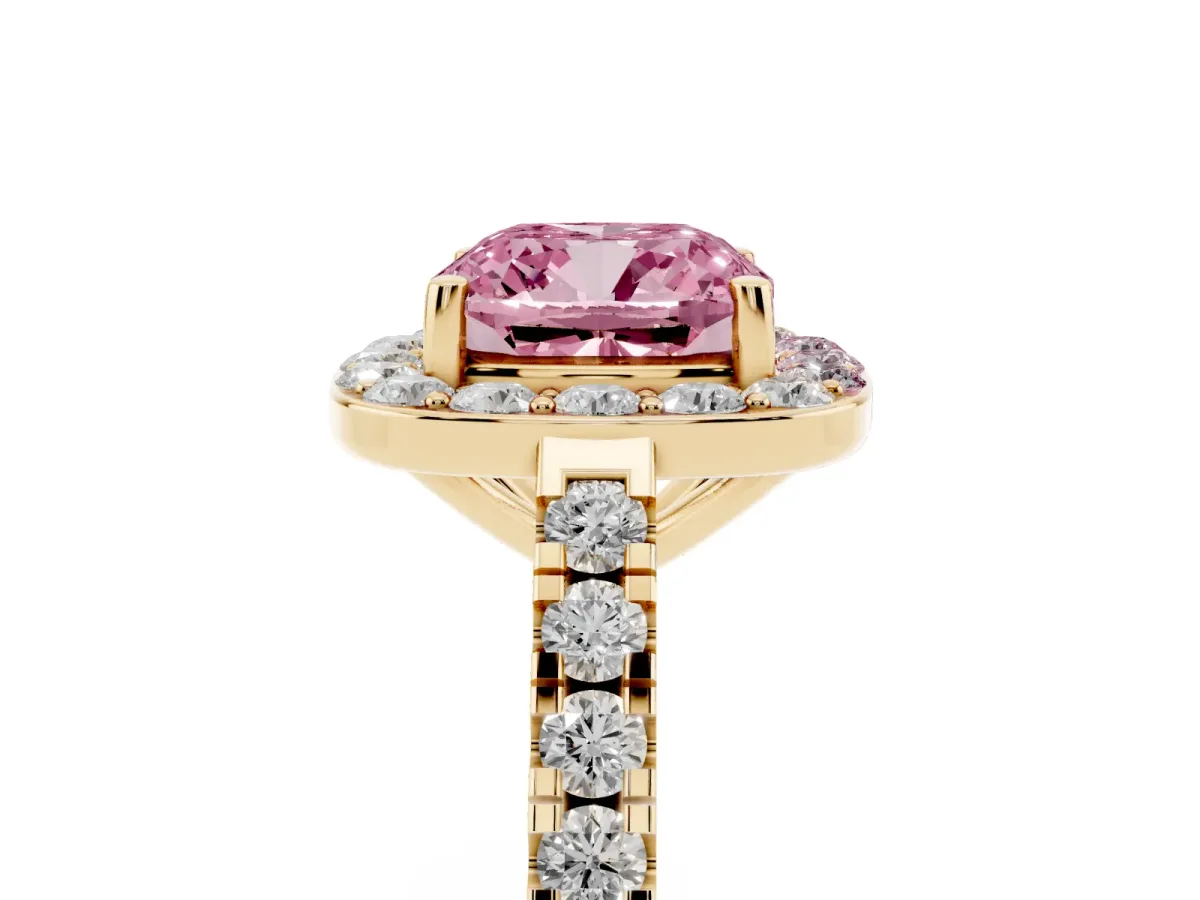 Fancy Pink Cushion Cut Diamond Halo Ring with Round Pavé Split Shank and Prong Setting Yellow gold
