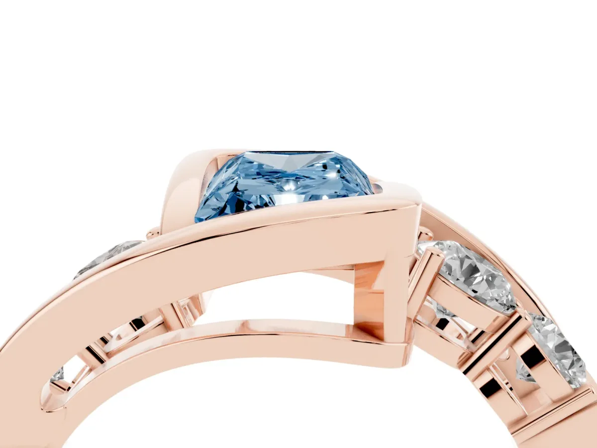 Fancy Blue Bezel Set Radiant Cut Diamond Bypass Ring with Round Accents Rose gold