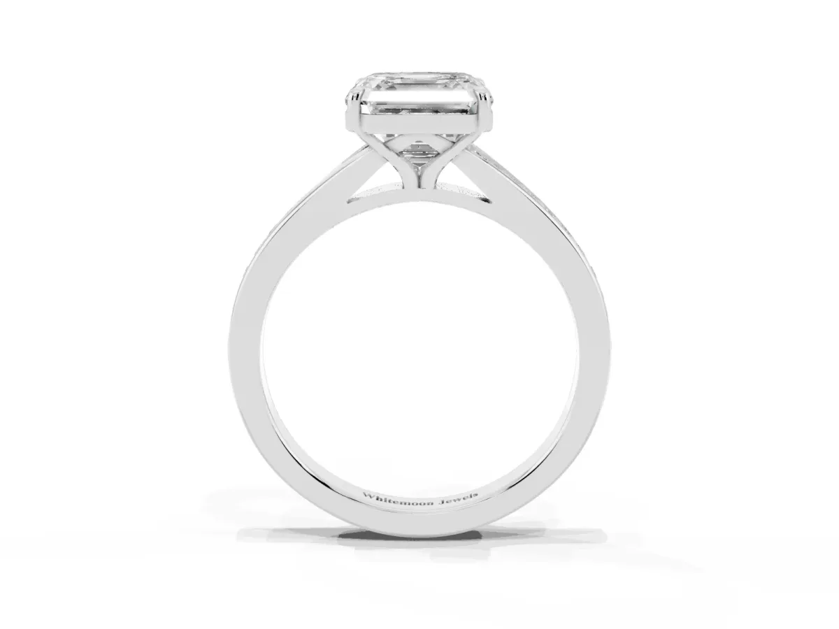 Asscher Cut Diamond Solitaire Ring with Pavé Band and Prong Setting Silver