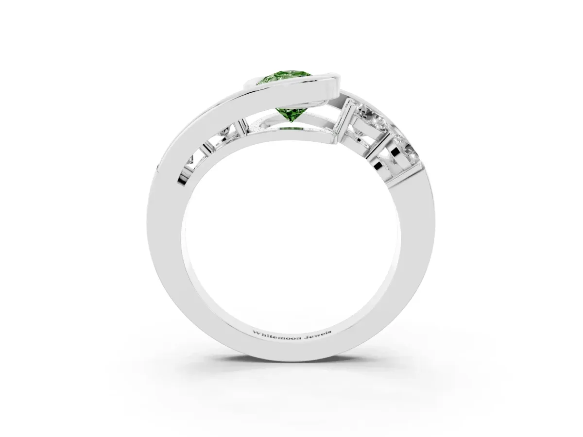 Fancy Green Bezel Set Pear Cut Diamond Bypass Ring with Round Accents Platinum