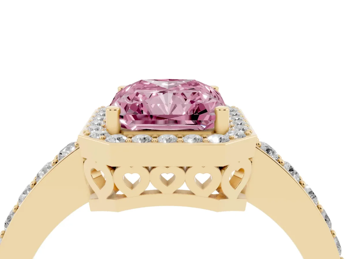 Fancy Pink Radiant Cut Halo Diamond Pavé Band Ring with Prong Setting Yellow gold