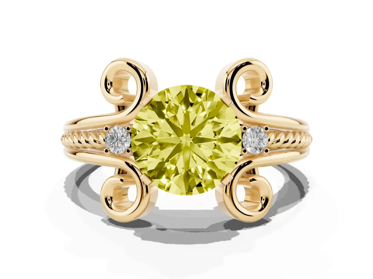 Fancy Yellow Round Cut Solitaire Twisted Band Scroll Prong Ring Yellow gold