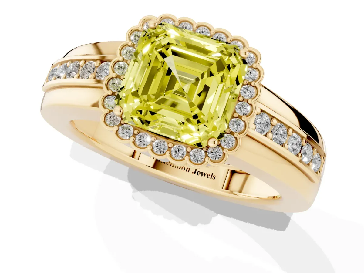 Fancy Yellow Asscher Cut Cut Halo Pave Band Four-Prong Ring Yellow gold