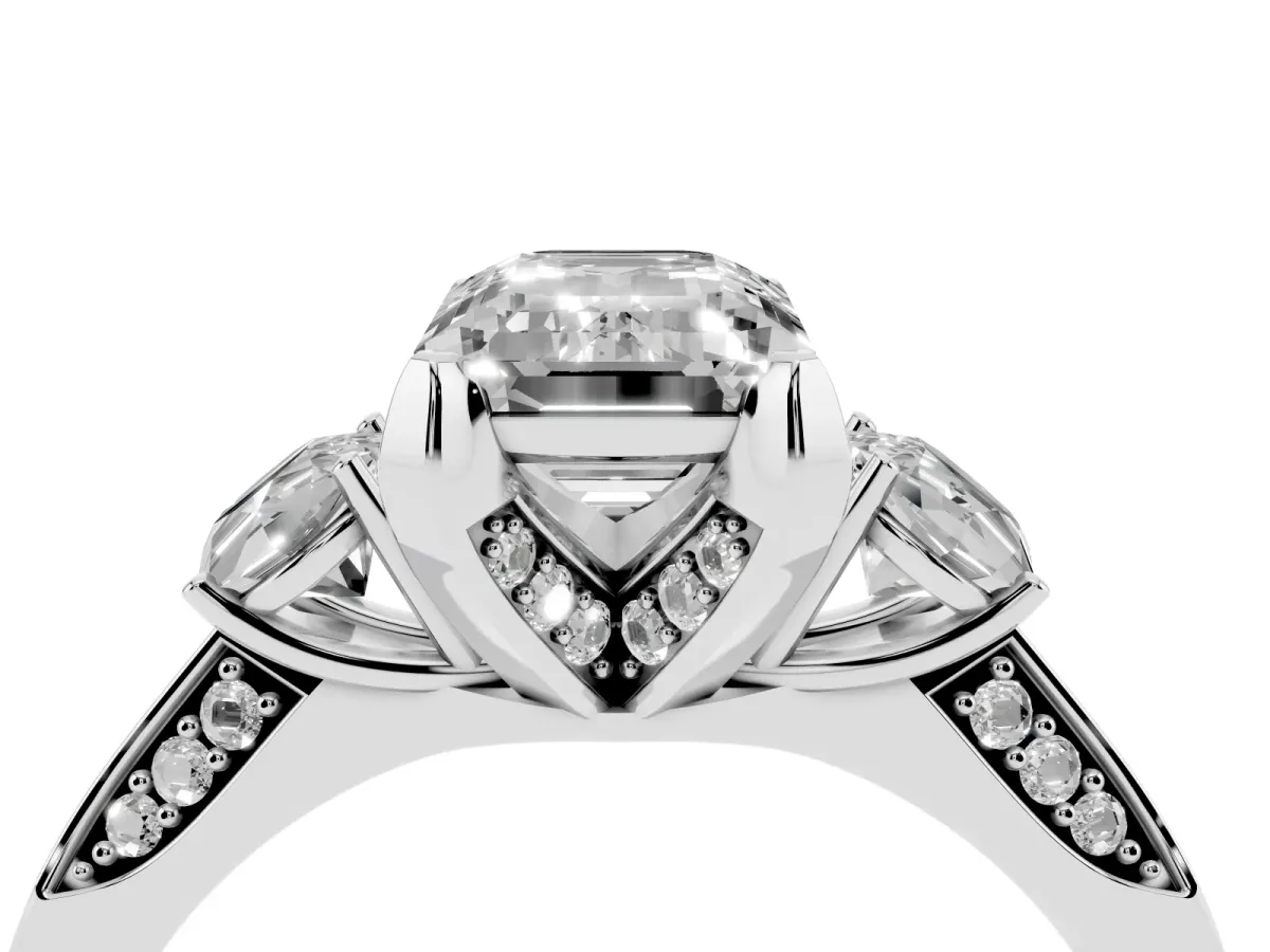Fancy Blue Emerald Cut Brilliant Three-Stone Diamond Ring with Pavé Band and Four-Prong Setting Silver