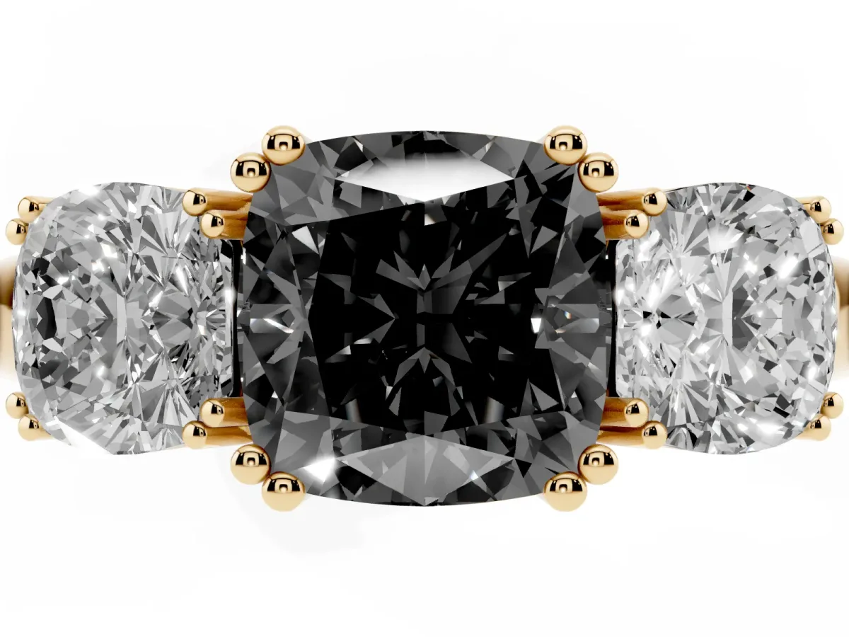 Fancy Black Three-Stone Cushion Cut Cut Diamond Ring with Channel Set Band and Four-Prong Setting Yellow gold