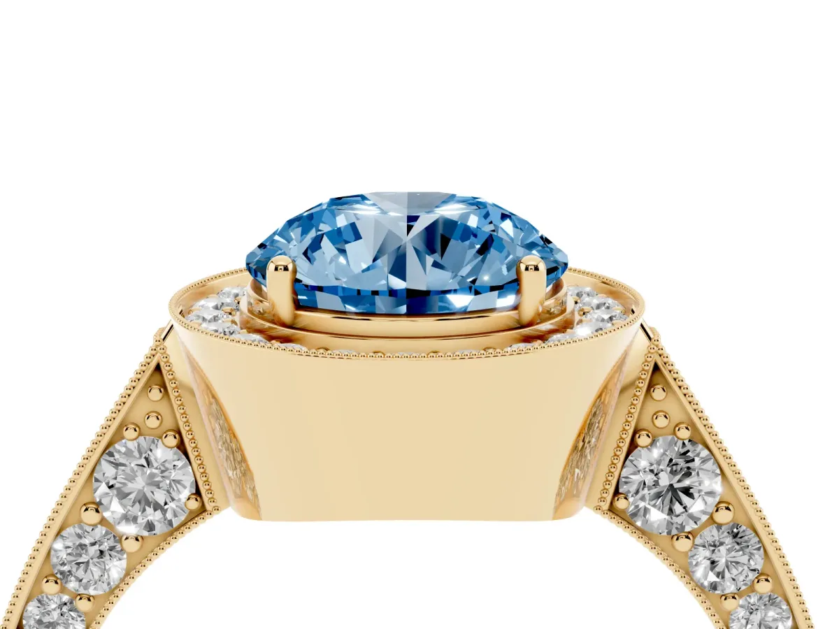 Fancy Blue Round Cut Halo Diamond Engagement Ring with Split Shank Band and Four-Prong Setting Yellow gold