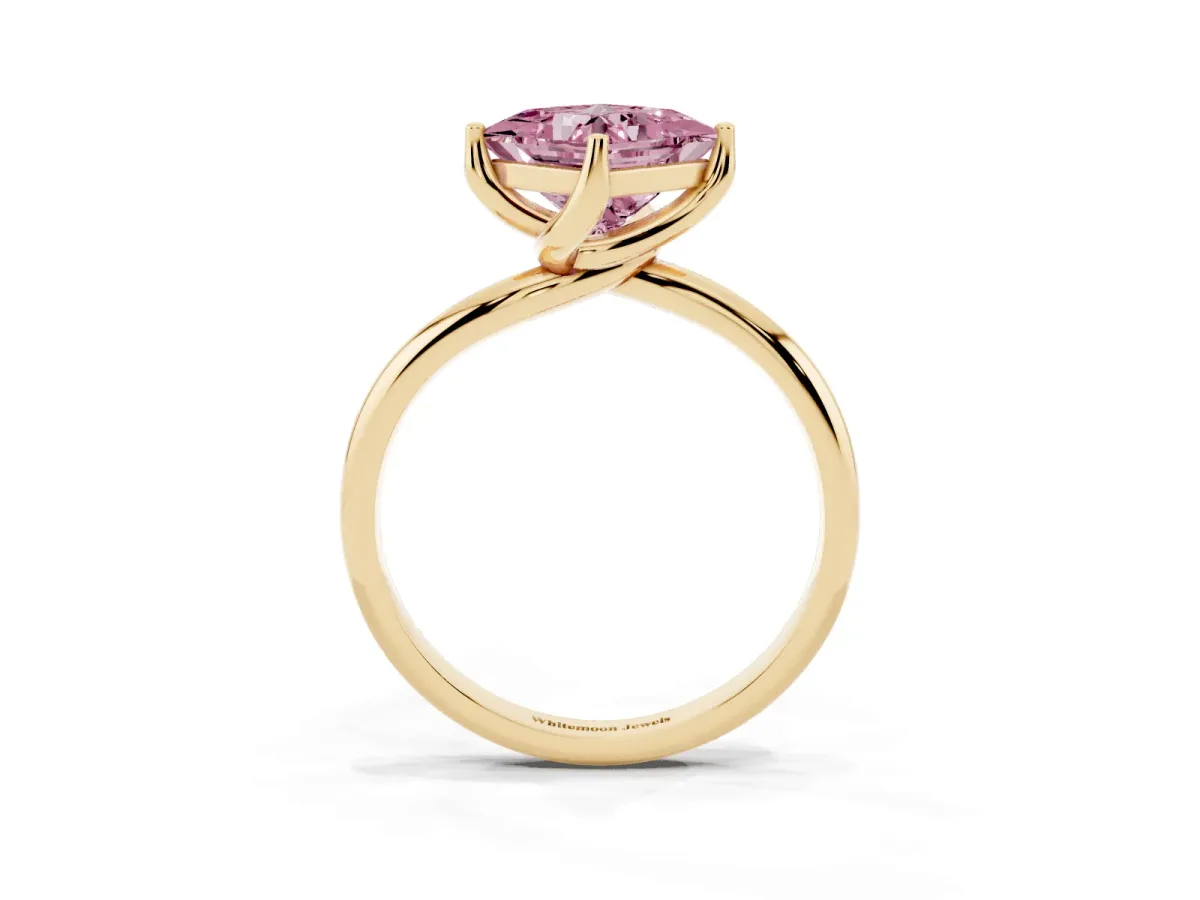 Fancy Pink Princess Cut Diamond Solitaire Engagement Ring with Four-Prong Setting and Classic Band Yellow gold