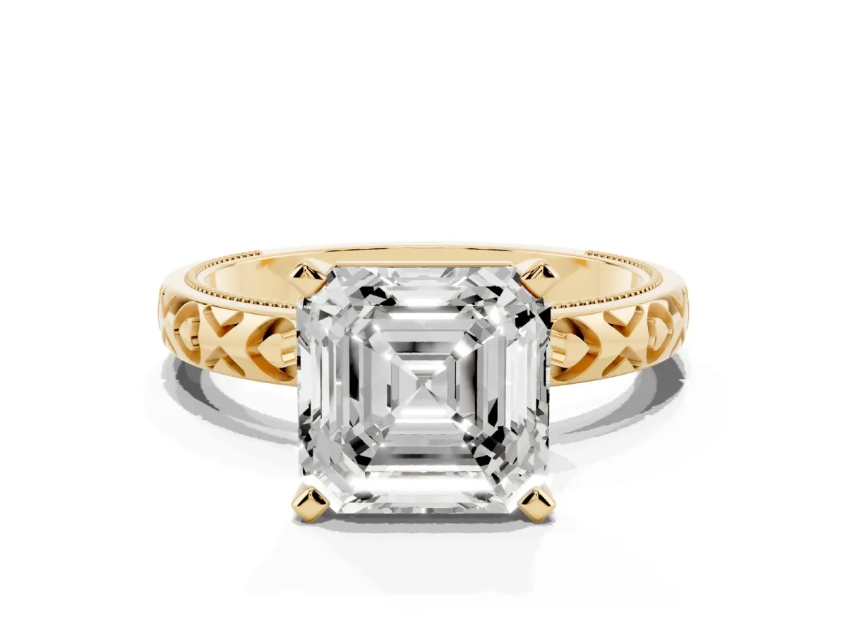 Asscher Cut Solitaire Diamond Engagement Ring with XO Engraved Band and Four-Prong Setting Yellow gold
