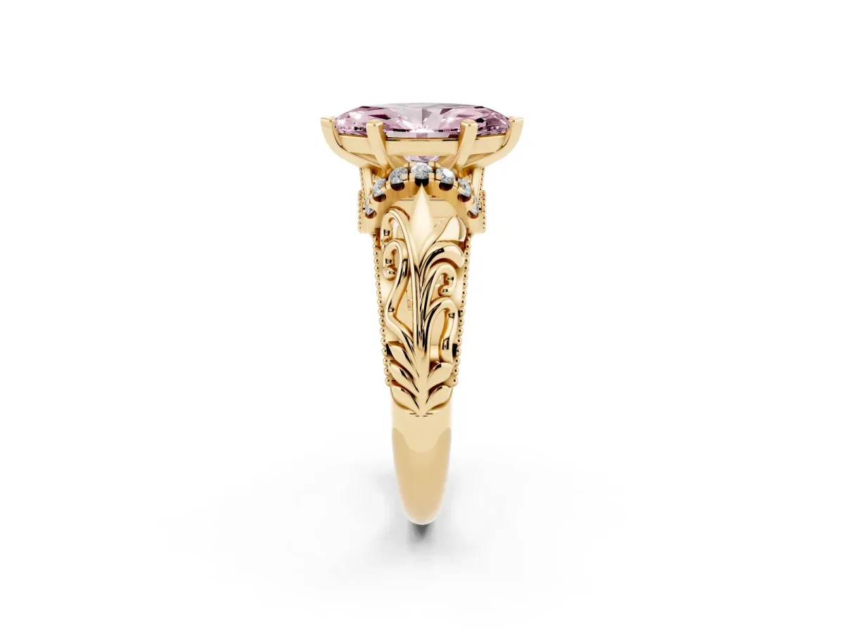 Fancy Pink Marquise Cut Solitaire Filigree Engagement Ring with Halo and Prong Setting Yellow gold