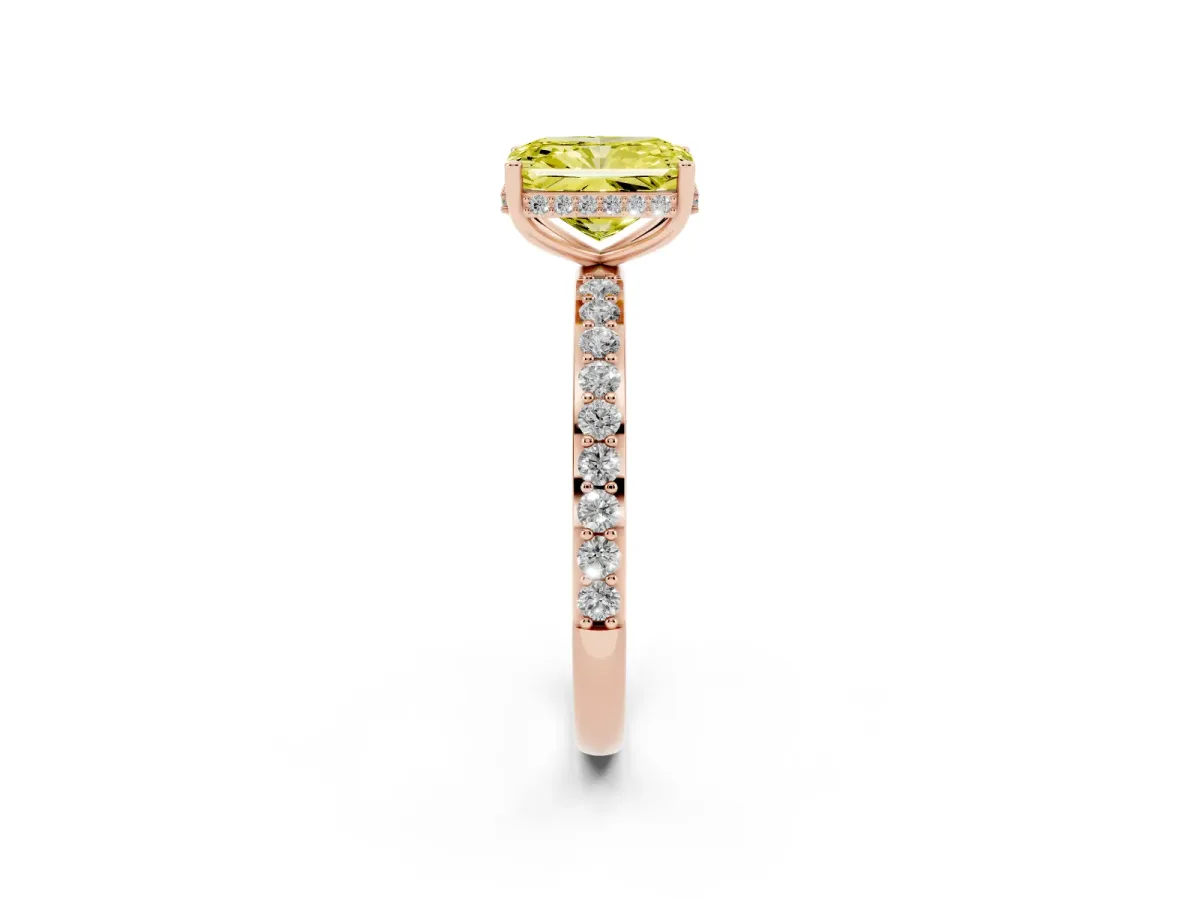 Fancy Yellow Radiant Cut Diamond Solitaire Ring with Pavé Band and Hidden Halo Rose gold