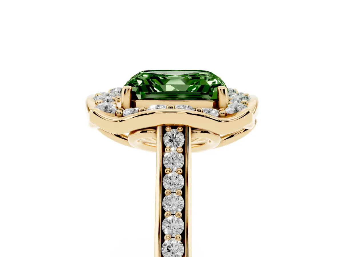 Fancy Green Asscher Cut Halo Round Diamond Pave Band with Four-Prong Setting Yellow gold