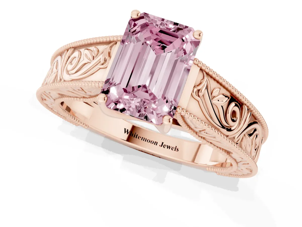 Fancy Pink Emerald Cut Diamond Solitaire Ring with Engraved Band and Four-Prong Setting Rose gold