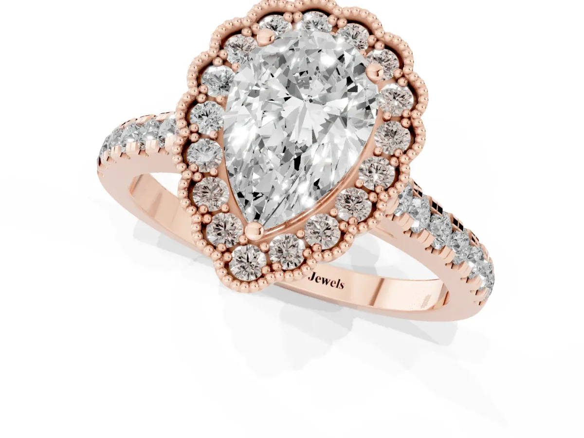 Pear Cut Cut Diamond Milgrain Floral Halo Engagement Ring with Pavé Band Rose gold