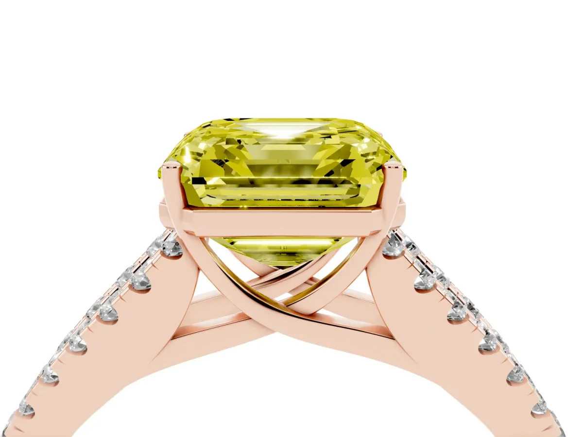 Fancy Yellow Asscher Cut Diamond Split Shank Pavé Engagement Ring with Four-Prong Setting Rose gold