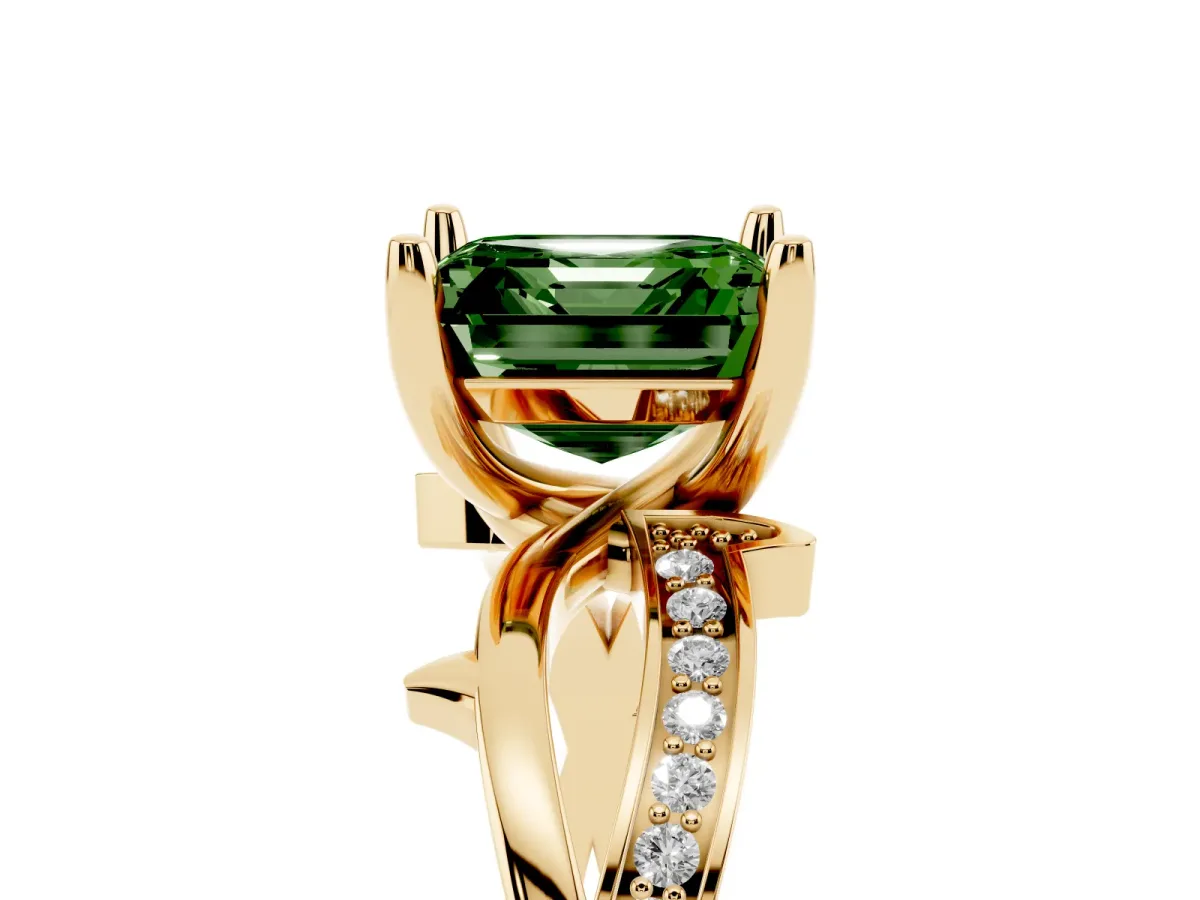 Fancy Green Asscher Cut Solitaire Twist Band with Pavé Accents and Four-Prong Setting Yellow gold