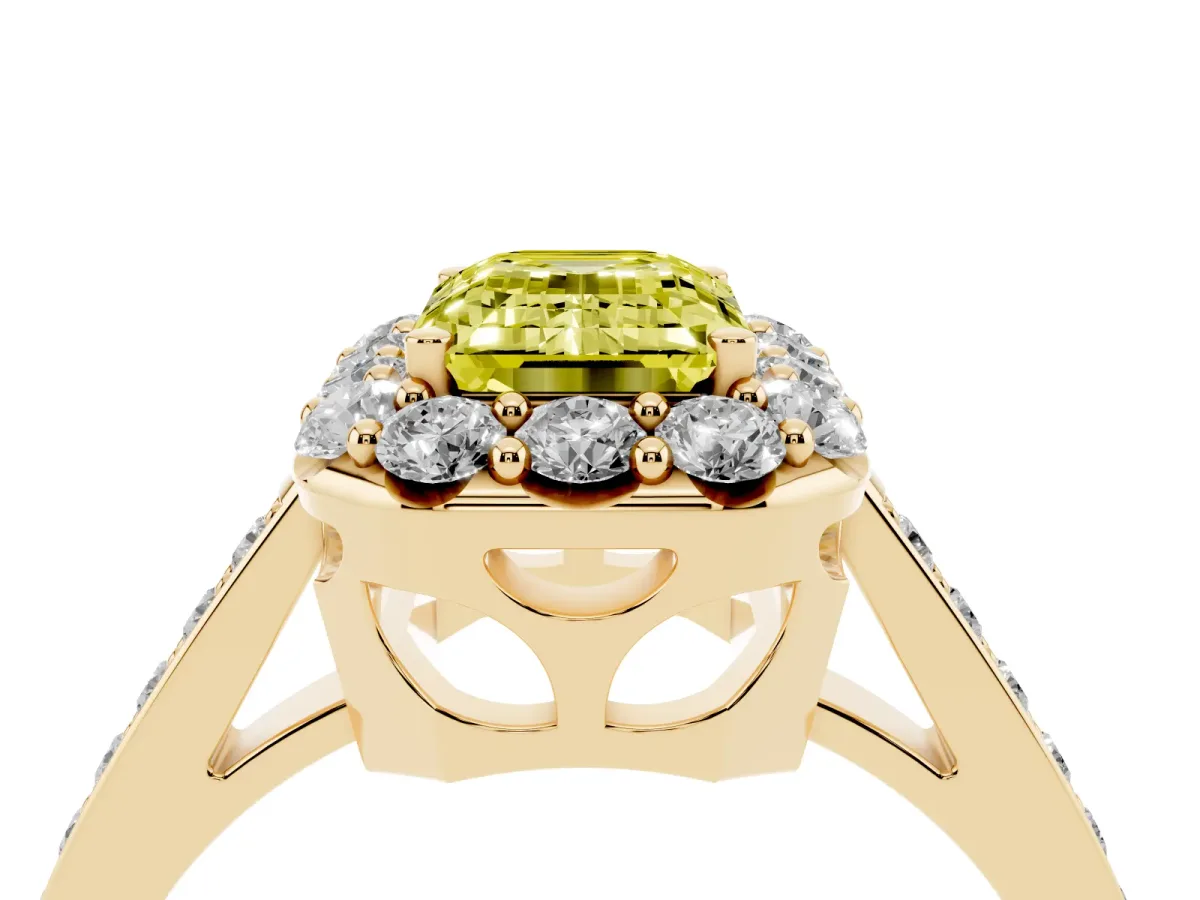 Fancy Yellow Emerald Cut Diamond Floral Halo Ring with Pavé Band and Prong Setting Yellow gold