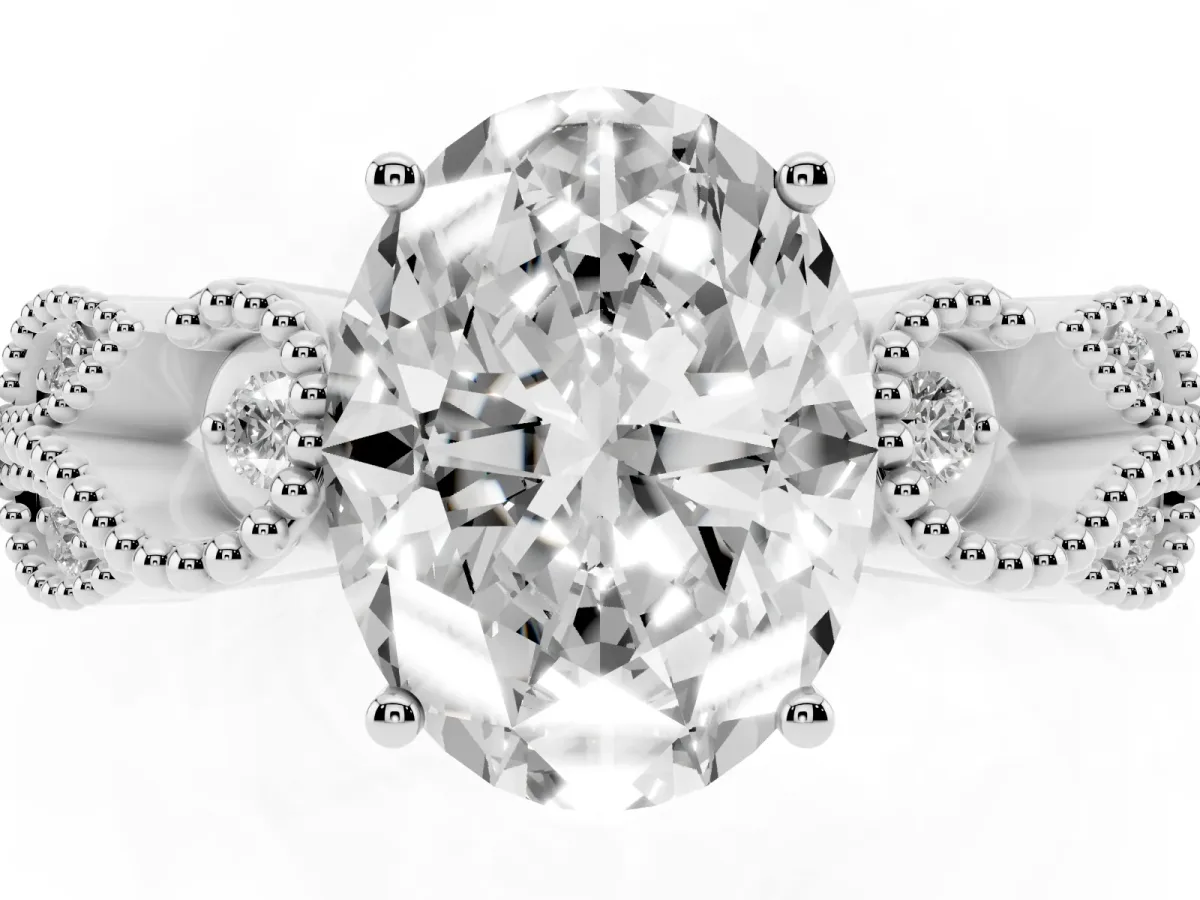 Oval Cut Solitaire Milgrain Leaf Band with Prong Setting Silver