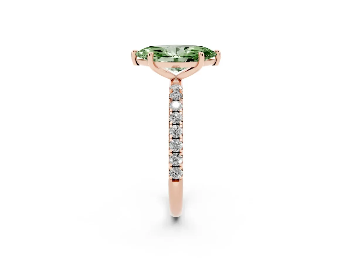 Fancy Green Marquise Cut Cut Diamond Solitaire Ring with Micro Pave Band and Four Prong Setting Rose gold