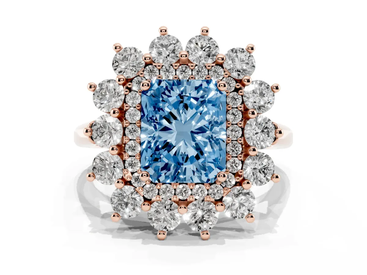 Fancy Blue Radiant Cut Diamond Floral Double Halo Engagement Ring with Prong Setting Rose gold