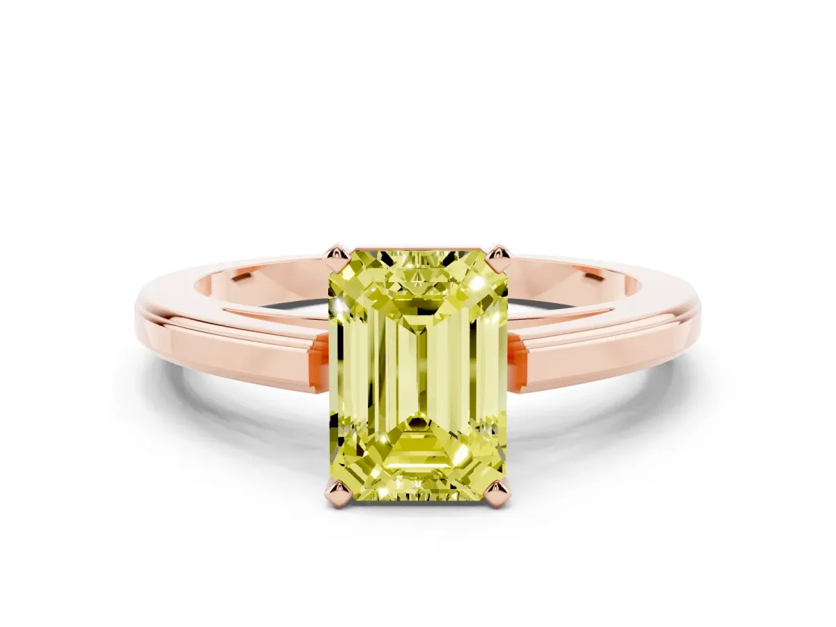 Fancy Yellow Emerald Cut Solitaire Diamond Ring with Four-Prong Setting and Classic Band Rose gold